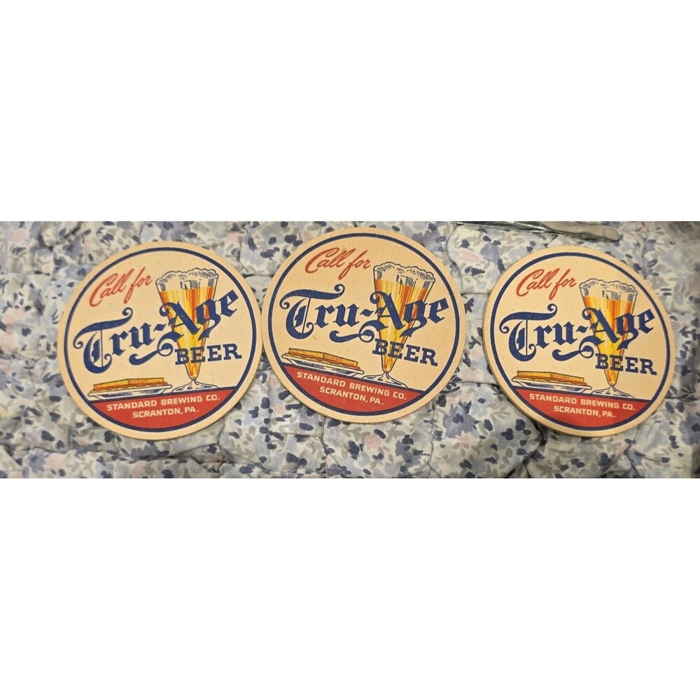 3 Vintage Call For Tru-Age Beer Cardboard Coasters Scanton Pa. 4"